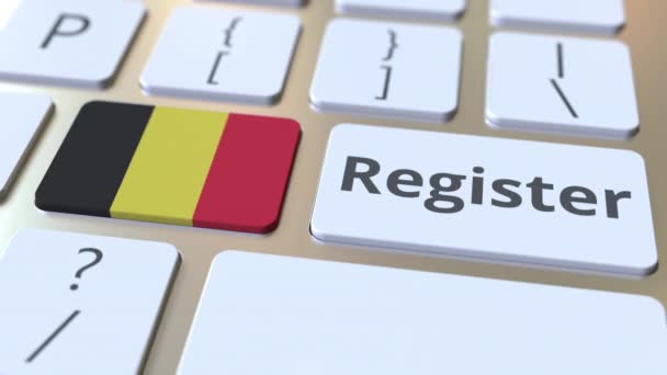 Registrar texto y bandera de Bélgica en el teclado. Servicios en línea relacionados con animación 3D — Vídeo de stock