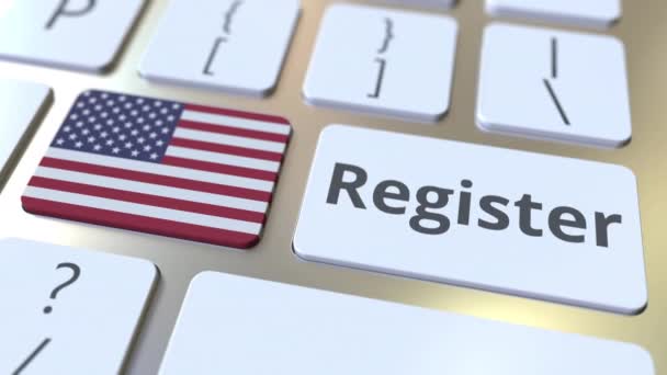 Registre texto e bandeira dos EUA no teclado. Serviços online relacionados animação 3D — Vídeo de Stock