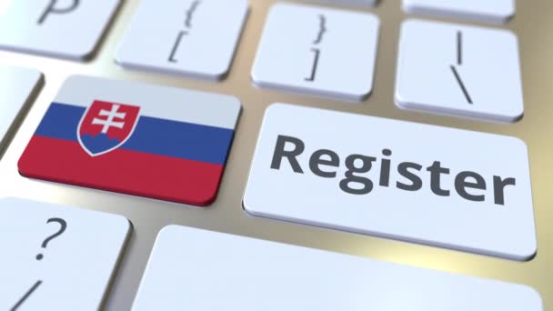 Registrar texto y bandera de Eslovaquia en el teclado. Servicios en línea relacionados con animación 3D — Vídeos de Stock