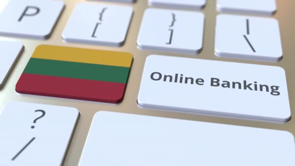 Online Banking text and flag of Lithuania on the keyboard. Internet finance related conceptual 3D animation — Stock Video