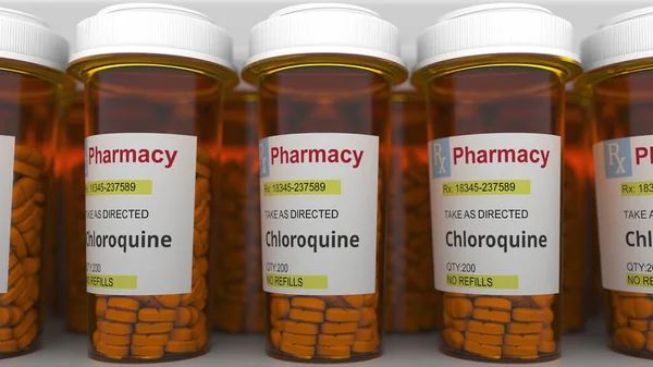 Muchos viales de farmacia con píldoras genéricas de cloroquina como posible tratamiento de la enfermedad por coronavirus. Renderizado 3D —  Fotos de Stock