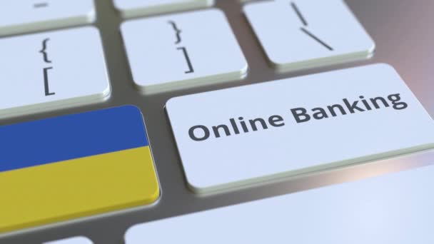 Online Banking tekst en vlag van Oekraïne op het toetsenbord. Internet financiering gerelateerde conceptuele 3D animatie — Stockvideo