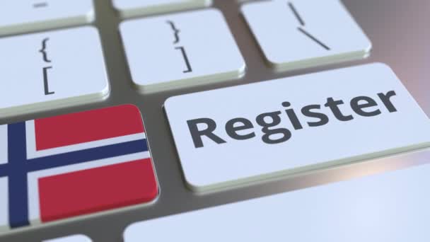 Registrar texto y bandera de Noruega en el teclado. Servicios en línea relacionados con animación 3D — Vídeo de stock