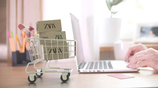 Dobozok ZARA logóval a bevásárlókocsiban a vásárló közelében laptoppal. Szerkesztői online vásárlás otthonról 3D renderelés — Stock Fotó