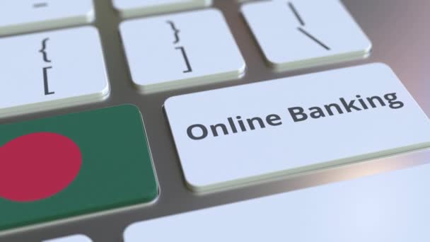 Online Banking Text und Flagge von Bangladesch auf der Tastatur. Konzeptionelle 3D-Animation zur Internetfinanzierung — Stockvideo