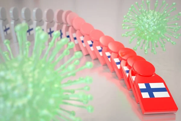 带有芬兰国旗的病毒和坠落的多米诺骨牌。Coronavirus扩展概念3D渲染 — 图库照片