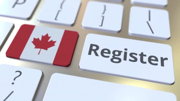 Registrar texto y bandera de Canadá en el teclado. Servicios en línea relacionados con animación 3D — Vídeo de stock