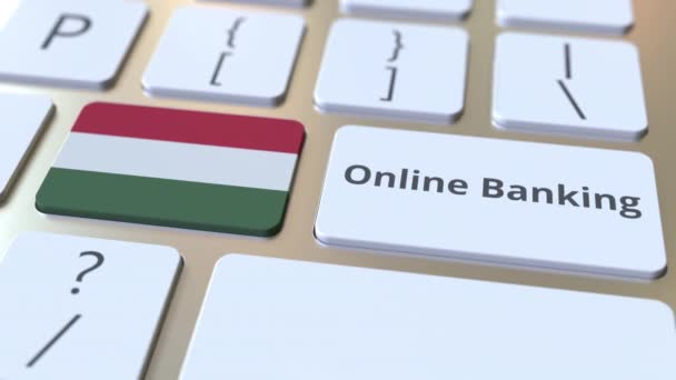 Online Bankowość tekst i flaga Węgier na klawiaturze. Internetowa animacja konceptualna 3D związana z finansowaniem — Wideo stockowe