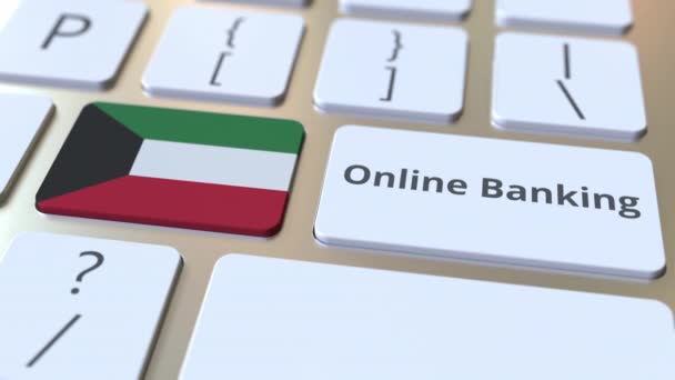 Online Bankovní text a vlajka Kuvajtu na klávesnici. Koncepční 3D animace související s financováním Internetu — Stock video