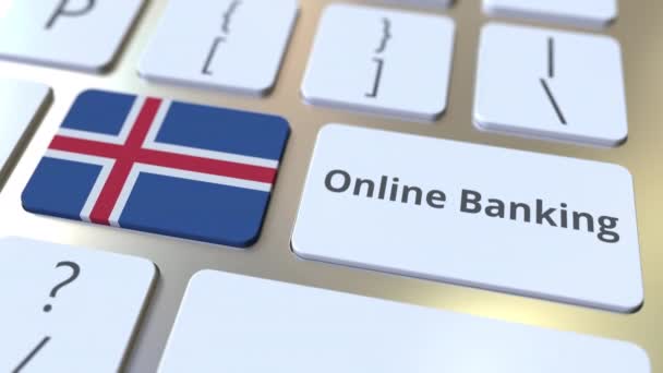 Банковский текст и флаг Исландии на клавиатуре. Концептуальная 3D анимация, связанная с финансированием Интернета — стоковое видео