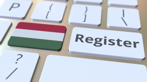 Registreer tekst en vlag van Hongarije op het toetsenbord. Online diensten gerelateerde 3D animatie — Stockvideo