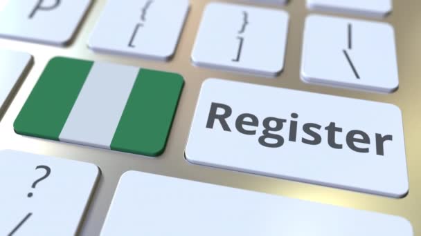 Registreer tekst en vlag van Nigeria op het toetsenbord. Online diensten gerelateerde 3D animatie — Stockvideo