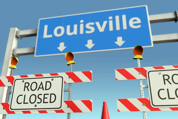 Straßenbarrikaden in der Nähe des Straßenschildes der Stadt Louisville. Lockdown in den Vereinigten Staaten konzeptionelles 3D-Rendering — Stockfoto