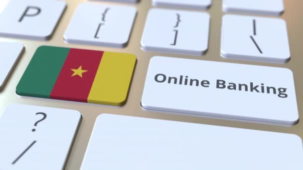 网上银行文字和喀麦隆国旗在键盘上。互联网金融相关概念3D动画 — 图库视频影像