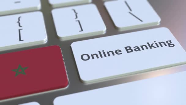 Online Banking Text und Flagge Marokkos auf der Tastatur. Konzeptionelle 3D-Animation zur Internetfinanzierung — Stockvideo