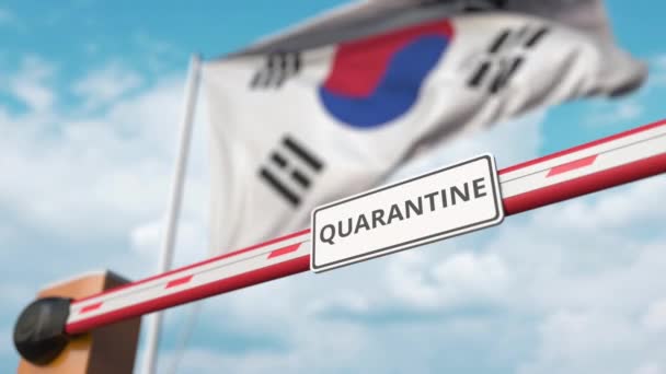 Open boom gate with QUARANTINE sign on the Korean flag background. Unrestricted entry in South Korea — Stock Video