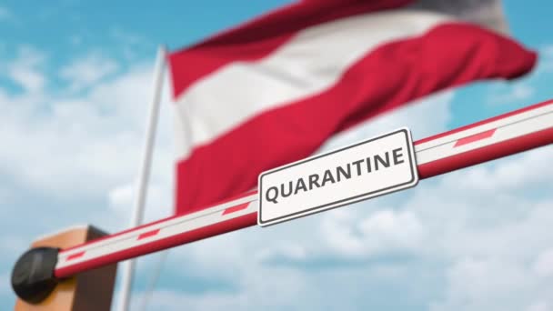 Avusturya bayrağının arka planında QuaranTINE işareti olan bir patlama kapısı açın. Avusturya 'da tecrit sona erdi — Stok video