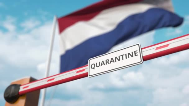 Barreira de lança de abertura com sinal QUARANTINE contra a bandeira holandesa. Entrada sem restrições nos Países Baixos — Vídeo de Stock
