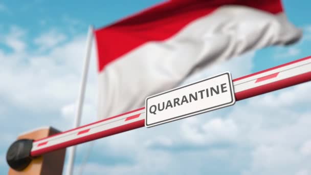 Ανοίξτε την πύλη έκρηξη με QUARANTINE υπογράψει στο φόντο της ινδονησιακής σημαίας. Κλείδωμα τέλος στην Ινδονησία — Αρχείο Βίντεο