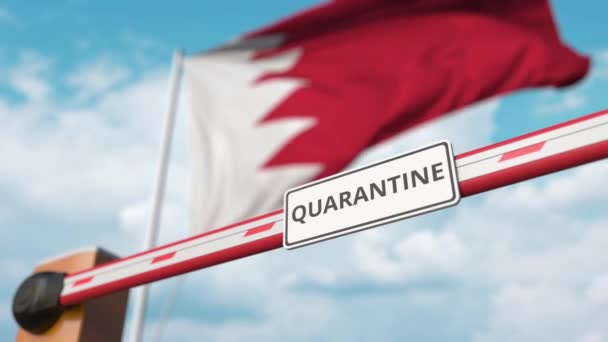 Open boom gate with QUARANTINE sign on the Bahraini flag background. Lockdown end in Bahrain — Stock Video