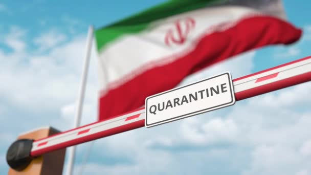 Nyitott bumm kapu QUARANTINE felirattal az iráni zászló hátterén. A lezárás véget ér Iránban — Stock videók
