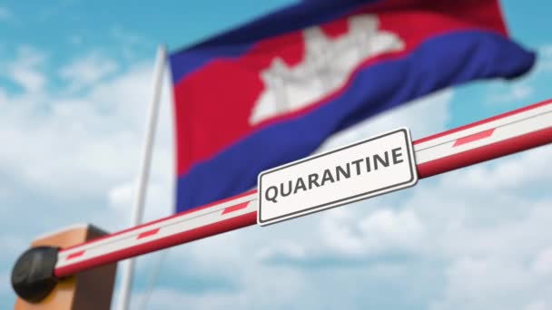 Opening boom barrier with QUARANTINE sign against the Cambodian flag. Lockdown end in Cambodia — Stock Video