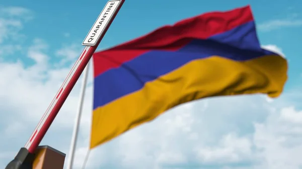 Porta de barreira com sinal QUARANTINE sendo aberto com bandeira da Armênia como pano de fundo. Fim do bloqueio arménio. Renderização 3D — Fotografia de Stock