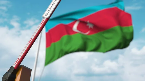 Otwarcie bariery wysięgnika znakiem QUARANTINE przeciwko fladze Azerbejdżanu. Koniec zamknięcia w Azerbejdżanie. Renderowanie 3D — Zdjęcie stockowe