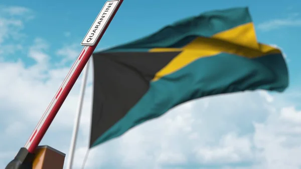 Portail à flèche ouverte avec panneau QUARANTINE sur le fond du drapeau des Bahamas. Le verrouillage se termine aux Bahamas. rendu 3D — Photo