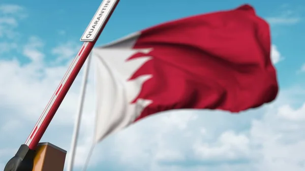 Offenes Auslegertor mit QUARANTINE-Zeichen auf dem Hintergrund der bahrainischen Flagge. Aussperrung in Bahrain. 3D-Rendering — Stockfoto