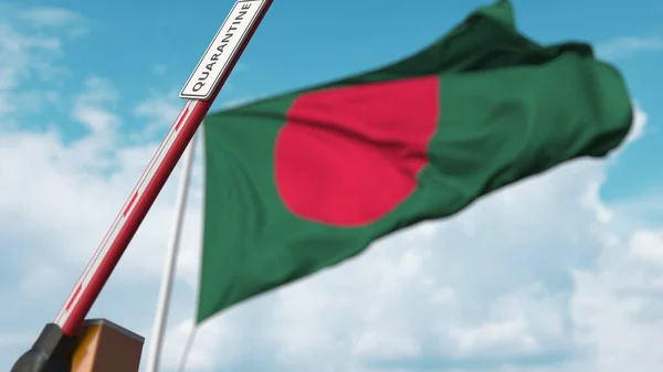 Brama ochronna z znakiem QUARANTINE jest otwarta z flagą Bangladeszu jako tłem. Zamknięcie Bangladeszu. Renderowanie 3D — Zdjęcie stockowe