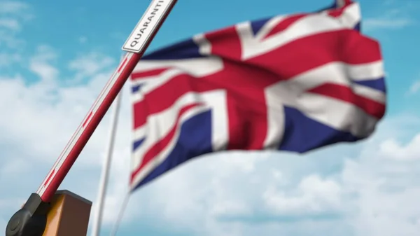 英国の国旗を背景に、 QUARANTINEの看板が目印のバリアゲートが開いています。イギリスのロックダウン・エンド。3Dレンダリング — ストック写真