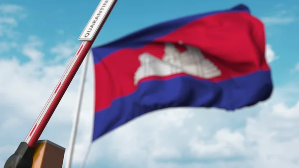 Barrera de apertura con signo QUARANTINE contra la bandera camboyana. El encierro termina en Camboya. Renderizado 3D — Foto de Stock