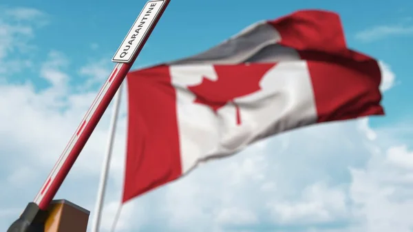 Ausleger-Barriere mit QUARANTINE-Zeichen gegen die kanadische Flagge. Lockdown-Ende in Kanada. 3D-Rendering — Stockfoto
