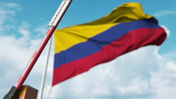 Відкриті ворота буму з знаком QUARANTINE на фоні прапора Колумбії. Закінчується в Колумбії. 3D візуалізація — стокове фото