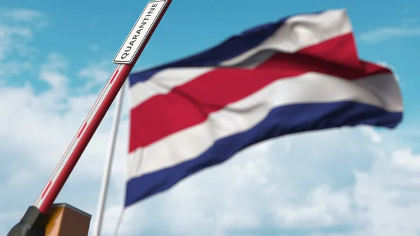 Barrier πύλη με QUARANTINE σημάδι είναι ανοιχτό με σημαία της Κόστα Ρίκα ως φόντο. Στην Κόστα Ρίκα, τέλος κλειδώματος. 3D απόδοση — Φωτογραφία Αρχείου