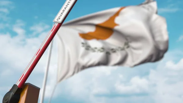 Boom wordt geopend met QUARANTINE teken tegen de Cypriotische vlag. Afsluitend in Cyprus. 3D-weergave — Stockfoto