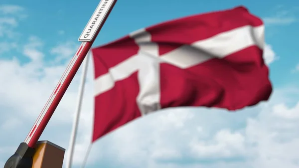 デンマークの国旗を背景にQUARANTINEの看板が目印のブームゲートを開きます。デンマークでロックダウン。3Dレンダリング — ストック写真