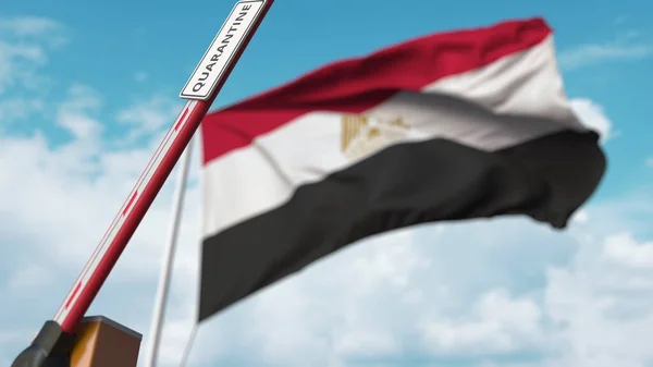エジプトの旗に対するQUARANTINEサインでブームバリアを開く。エジプトでの封鎖終了。3Dレンダリング — ストック写真