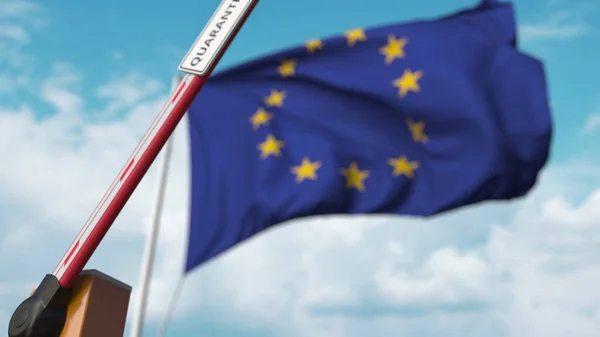 Puerta de barrera con signo QUARANTINE abierto con bandera de la UE como fondo. Final de bloqueo europeo. Renderizado 3D — Foto de Stock