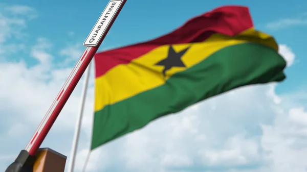 Barrera de apertura con signo QUARANTINE contra la bandera ghanesa. El bloqueo termina en Ghana. Renderizado 3D —  Fotos de Stock