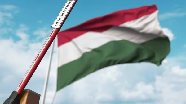 ハンガリーの国旗を背景にQUARANTINEの看板が目印のブームゲートを開きます。ハンガリーでロックダウン終了。3Dレンダリング — ストック写真