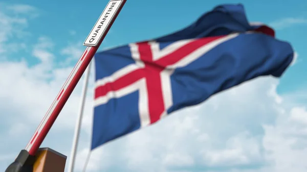 アイスランドの国旗を背景にQUARANTINEの看板が目印のブームゲートを開きます。アイスランドでロックダウン終了。3Dレンダリング — ストック写真