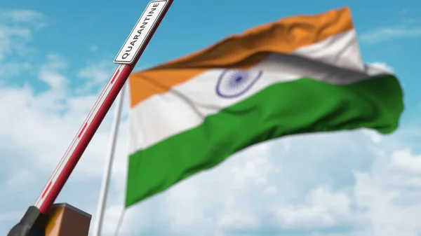 Puerta de barrera con el cartel de QUARANTINE abierto con la bandera de la India como fondo. Indian Lockdown end. Renderizado 3D — Foto de Stock