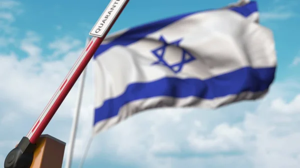 Puerta abierta con el letrero QUARANTINE en el fondo de la bandera israelí. Entrada sin restricciones en Israel. Renderizado 3D — Foto de Stock
