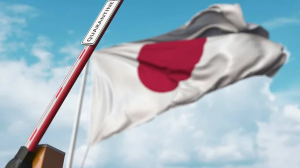 Absperrgitter mit QUARANTINE-Schild, das mit der Flagge Japans als Hintergrund geöffnet ist. Uneingeschränkter japanischer Einlass. 3D-Rendering — Stockfoto