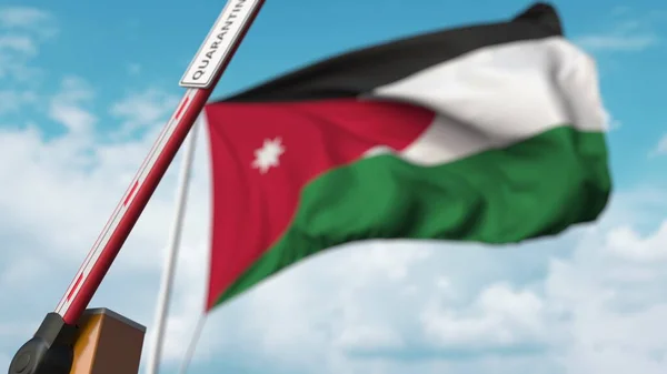 Barrier πύλη με πινακίδα QUARANTINE είναι ανοιχτή με σημαία της Ιορδανίας ως φόντο. Ιορδανική είσοδος χωρίς περιορισμούς. 3D απόδοση — Φωτογραφία Αρχείου
