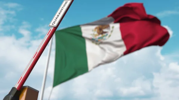 Barrera de apertura con signo QUARANTINE contra la bandera mexicana. Entrada sin restricciones en México. Renderizado 3D —  Fotos de Stock