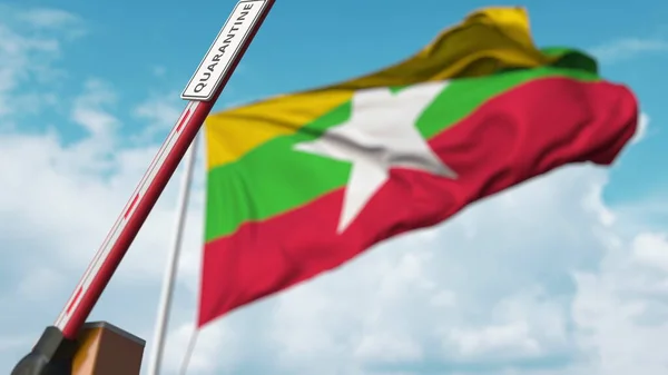 Barrière de flèche ouverte avec panneau QUARANTINE contre le drapeau Xoma. Entrée libre au Myanmar. rendu 3D — Photo