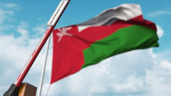 Otwieranie bariery wysięgnikowej znakiem QUARANTINE przeciwko fladze Omani. Koniec zamknięcia w Omanie. Renderowanie 3D — Zdjęcie stockowe